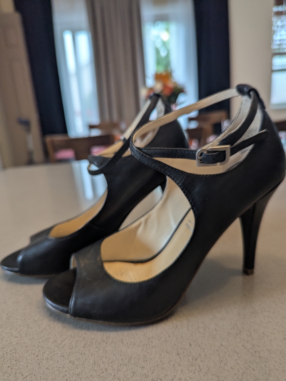 Rockport Women's Black Leather Peep-Toe Ankle Strap Heels